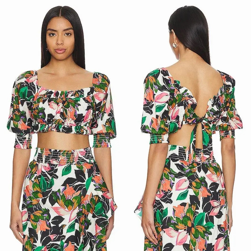 MISA‎ Los Angeles Sz L Multicolor Floral Crop Top Puff Sleeve Tie Back Smocked